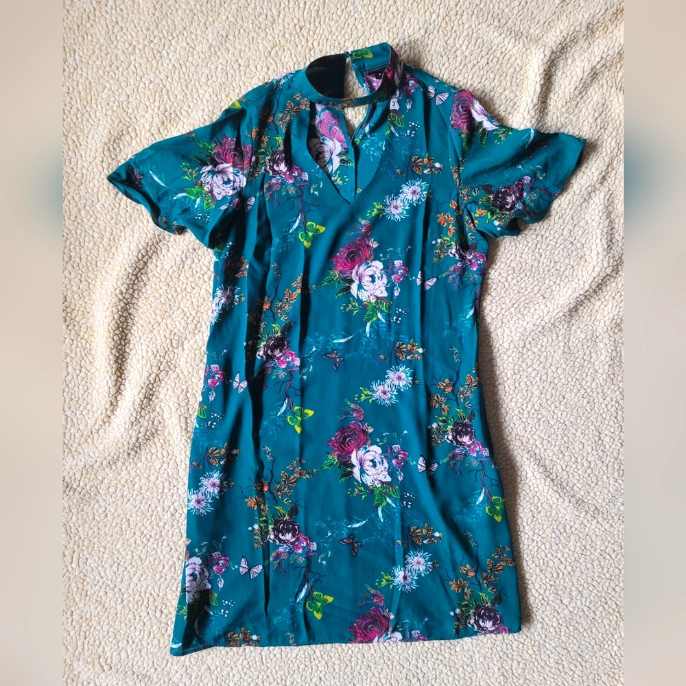CLEAN Worthington Collar V-Neck Green Turquoise Floral Dress -Size 6